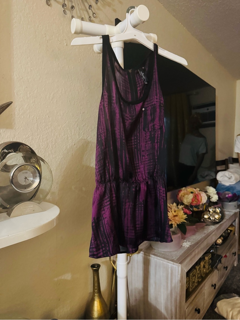 Purple Black Printed Sleeveless Peplum Tank